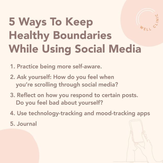Here are some helpful ways to keep healthy boundaries and relationships while using social media and other online resources:⁣
⁣
1. Practice being more self-aware. ⁣
⁣
2. Focus on how you feel when you’re using social media. Ask yourself questions about how you feel when you’re scrolling through social media. Notice and acknowledge negative emotions without judgment.⁣
⁣
3. Reflect on how you respond to certain social media posts. Do you feel bad about yourself? Are you posting cute selfies to make yourself feel better?⁣
⁣
4. Use technology-tracking and mood-tracking apps.⁣
⁣
5. Journal.⁣
⁣
This isn’t an exhaustive list, but it’s a place to start putting your mental health first by limiting your time online. ⁣
⁣
To read more of our blog, The Struggle Of Going Offline During Times Of Social Distancing, see link in bio.