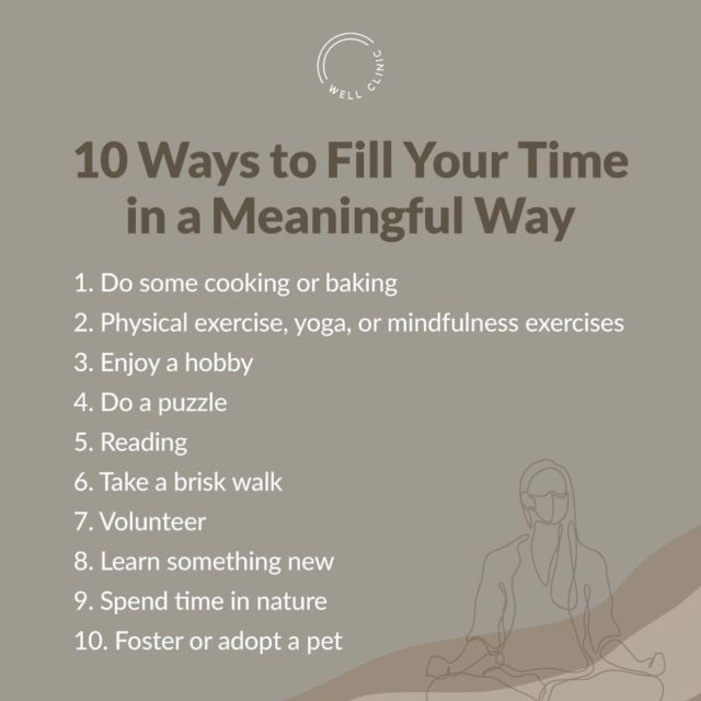 If you enjoy being by yourself and start to feel lonely, try these 10 activities to fill your time in a meaningful way:  1. Do some cooking/baking
2. Physical exercise or yoga
3. Enjoy a hobby
4. Do a puzzle
5. Reading
6. Take a brisk walk
7. Volunteer
8. Learn something new
9. Spend time in nature
10. Foster or adopt a pet  Loneliness is an emotion that, when gone unchecked, can take a toll on your mental health.  If you’re having a hard time being alone and feel lonely all the time, it’s time to seek out a mental health professional.  Book a free consult today. Call Well Clinic at 415.952.0290  #mentalhealthmatters #mentalhealthadvocate #loneliness #choosehealthy #choosehappy #healthymindhealthybody #therapy #counseling #WellClinic #SFBayArea #sfbayarea